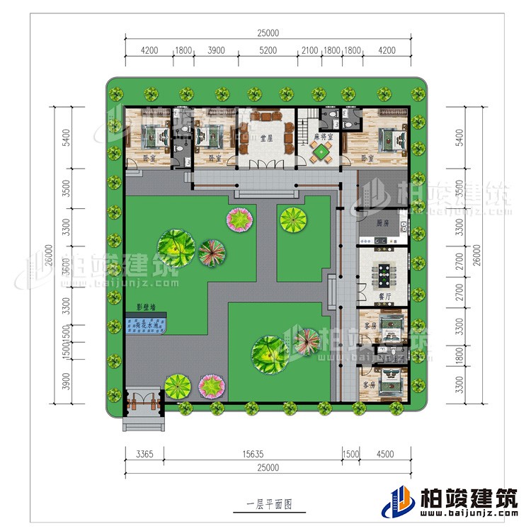 一层：影壁墙、花园、堂屋、厨房、餐厅、5卧室、2公卫、2内卫、麻将室