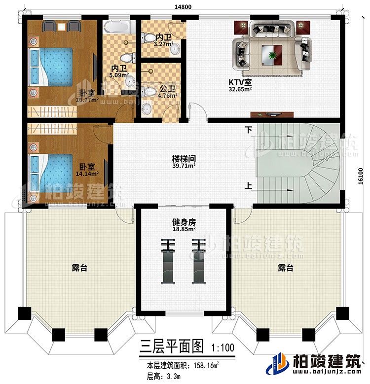 三层：2卧室、KTV室、楼梯间、健身房、公卫、2内卫、2露台